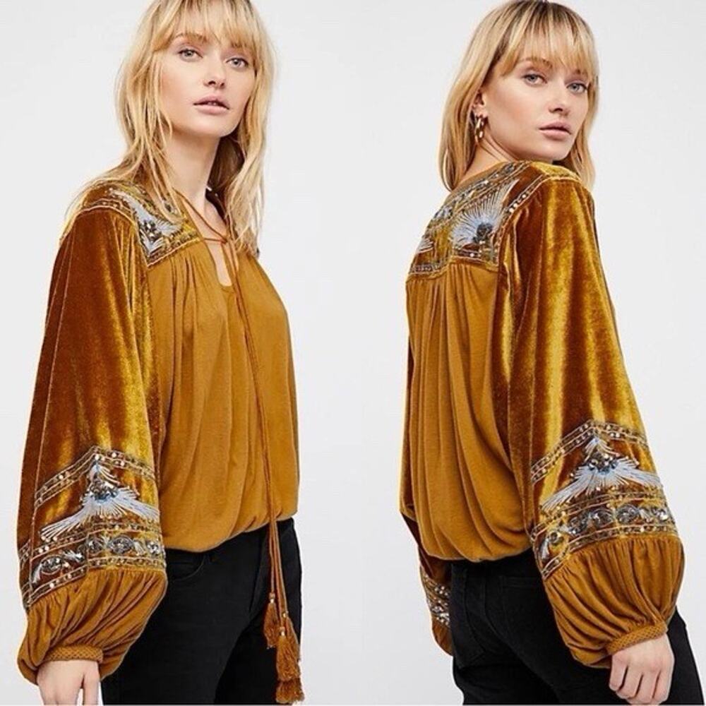 Free People "Hearts Aflame" Velvet Gold Yellow Blouse Top Small